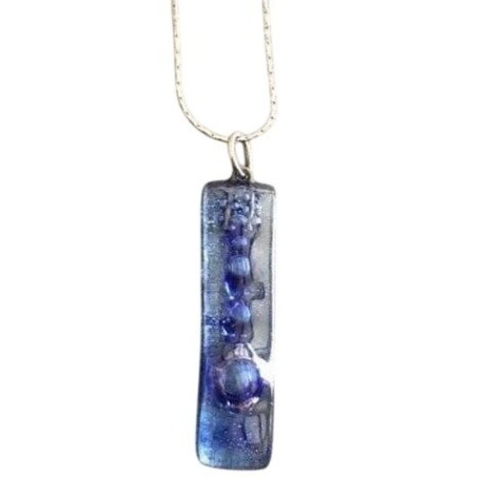 Artisan Fused Glass Rectangle Bar Pendant‎ Necklace Blue Magnetic Clasp